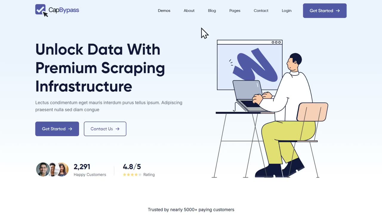 CapByPass homepage with the headline Unlock data with premium scraping infrastructure